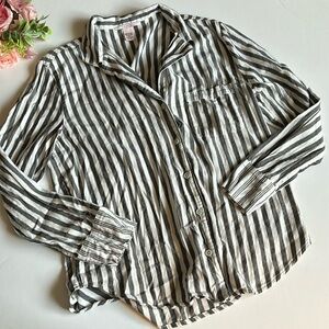 Victoria’s Secret Black and White Striped Flannel Sleep Shirt Silver